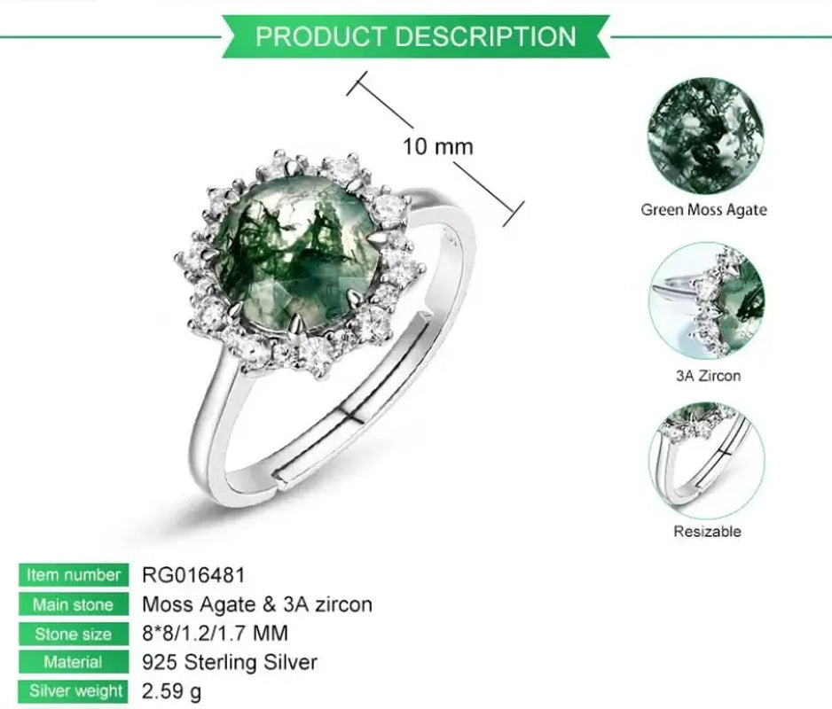 Minimalist Trend Jewelry Natural Moss Agate Gemstone 925 Sterling Silver Ring Green Agate Engagement Wedding Rings for Women Valentine Gift for Girlfriend