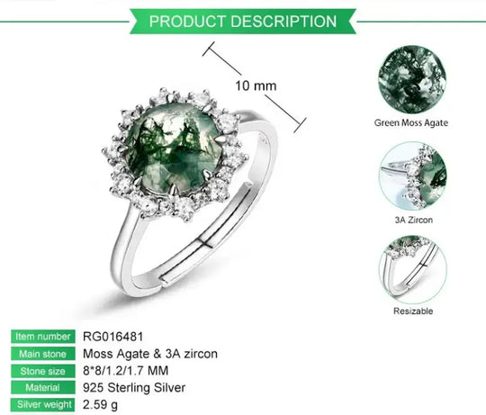 Minimalist Trend Jewelry Natural Moss Agate Gemstone 925 Sterling Silver Ring Green Agate Engagement Wedding Rings for Women Valentine Gift for Girlfriend