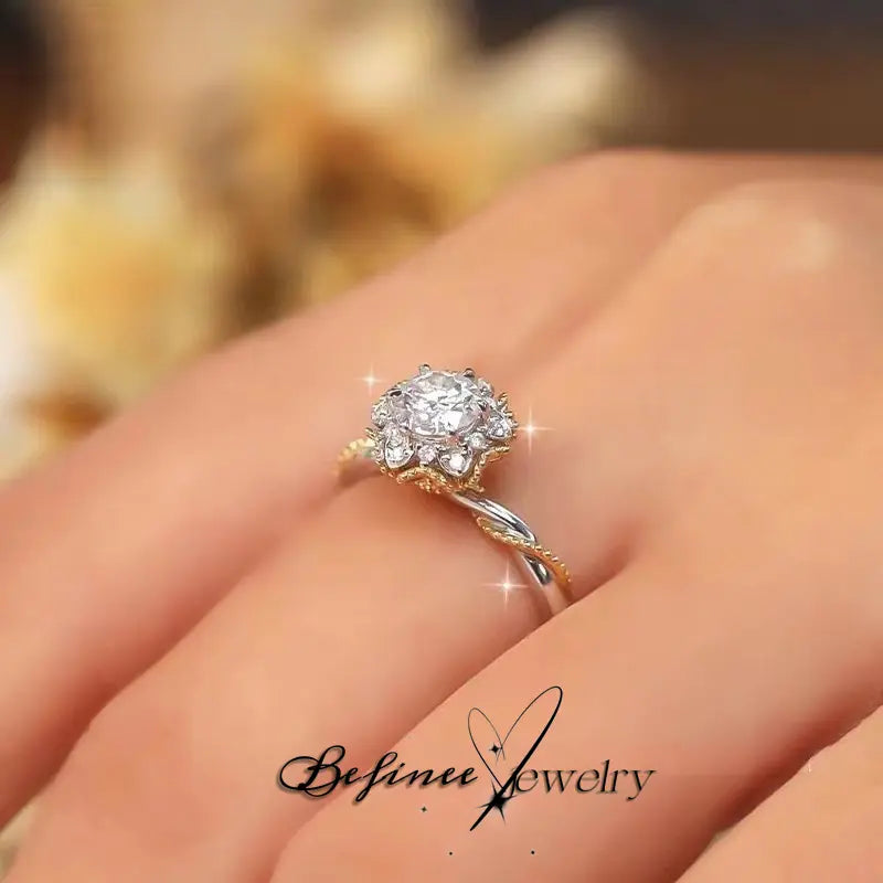 Engagement Flower Rings for Women Two Tone Bridal Sets Crossover round Engagement Ring Sets Cubic Zirconia Anniverdary Promise with Jewelry Gift Box
