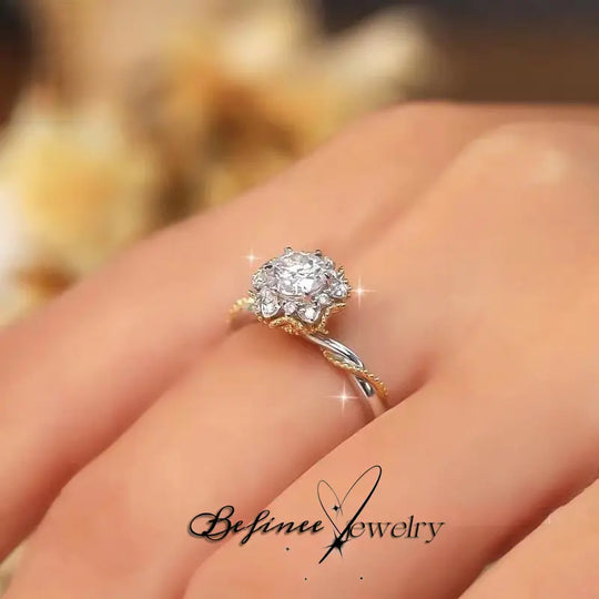 Engagement Flower Rings for Women Two Tone Bridal Sets Crossover round Engagement Ring Sets Cubic Zirconia Anniverdary Promise with Jewelry Gift Box