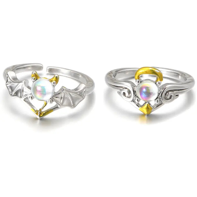 ZM Jewelry, Couple Rings, Angel and Devil Rings, Silver Color Moonstone-Embedded Rings. Rings for Boys, Girls, Men, and Women, Bringing Good Luck. Handcrafted with Moonstone Inlay.Suitable for Wearing in Love and in Daily Life.Perfect as Holiday Gifts.