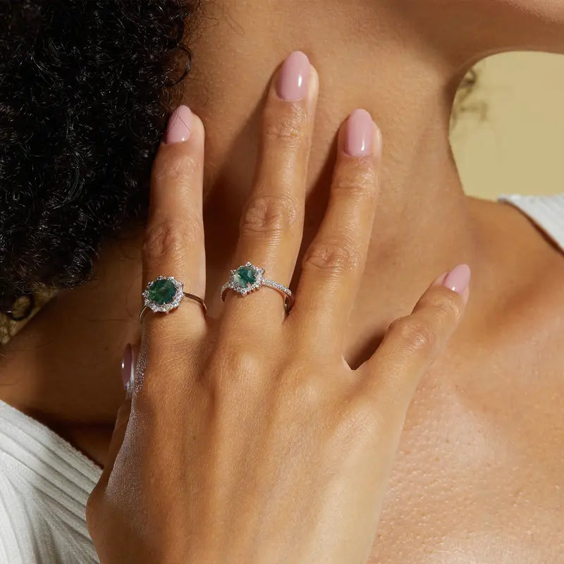 Minimalist Trend Jewelry Natural Moss Agate Gemstone 925 Sterling Silver Ring Green Agate Engagement Wedding Rings for Women Valentine Gift for Girlfriend