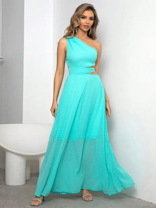 Women'S Plain Swiss Dot Lace up Cut Out One Shoulder Chiffon Dress, Summer Clothes Women, Elegant Backless Maxi Beach Party Gown, Ladies Summer Clothes