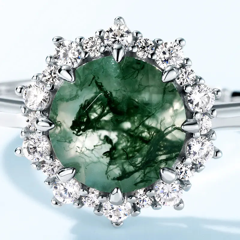 Minimalist Trend Jewelry Natural Moss Agate Gemstone 925 Sterling Silver Ring Green Agate Engagement Wedding Rings for Women Valentine Gift for Girlfriend