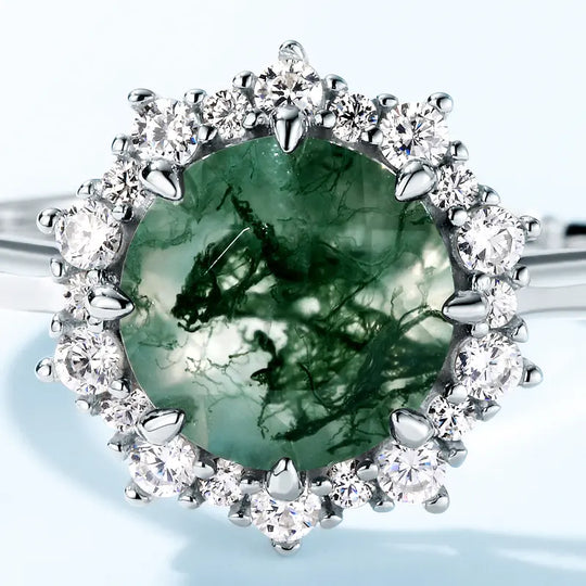 Minimalist Trend Jewelry Natural Moss Agate Gemstone 925 Sterling Silver Ring Green Agate Engagement Wedding Rings for Women Valentine Gift for Girlfriend