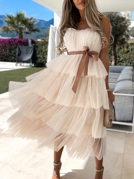 Summer Women Cake Dress for Clothing Sexy Lace-Up Solid Strapless Ladies Party Dress Sleeveless Zipper Sweet Streetwear Vestidos