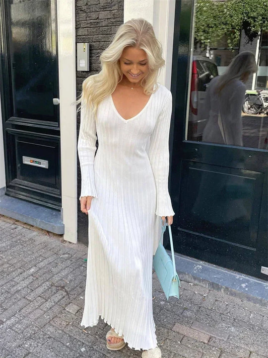 Tossy Autumn New V-Neck Knit Maxi Dress Women Ribbed Elegant Long Sleeve Streetwear High Waist Pleated Dresses Ladies Knitwear