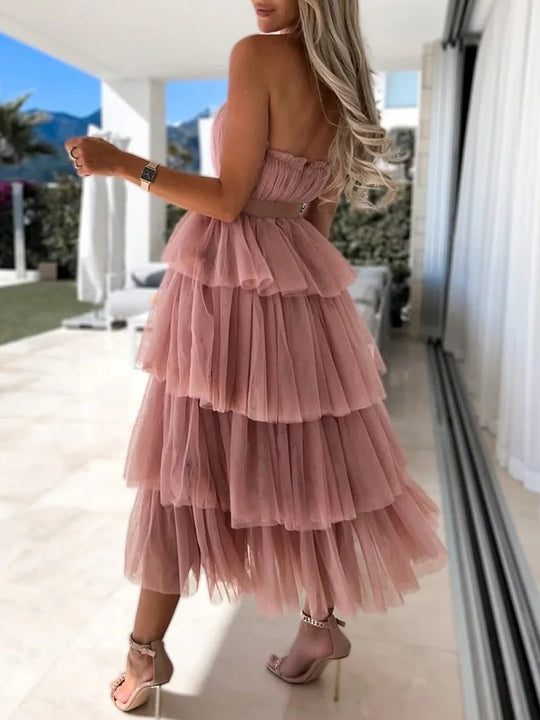 Summer Women Cake Dress for Clothing Sexy Lace-Up Solid Strapless Ladies Party Dress Sleeveless Zipper Sweet Streetwear Vestidos