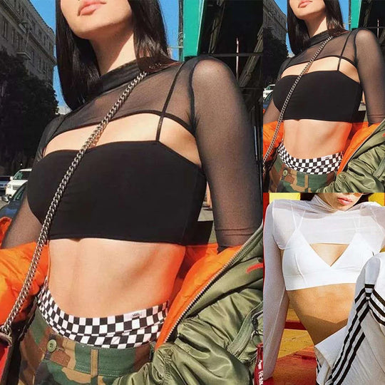 Woman Long Sleeve Mesh T-shirts Ladies Sexy Sheer Solid Color Tee Tops Tee Tops.Shrug Pullovers Transparent Comfy