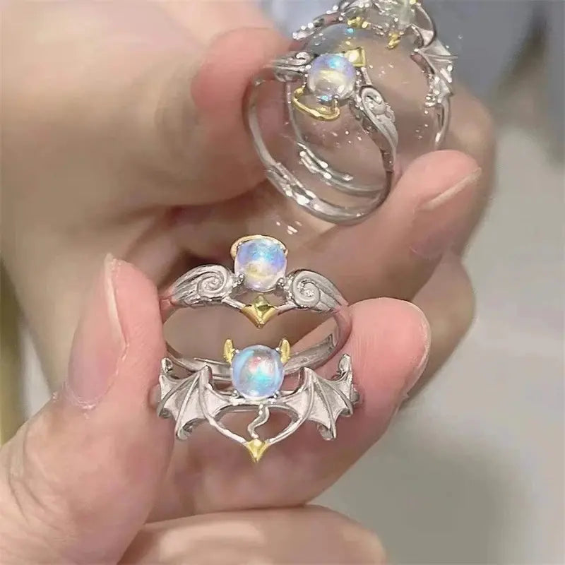 ZM Jewelry, Couple Rings, Angel and Devil Rings, Silver Color Moonstone-Embedded Rings. Rings for Boys, Girls, Men, and Women, Bringing Good Luck. Handcrafted with Moonstone Inlay.Suitable for Wearing in Love and in Daily Life.Perfect as Holiday Gifts.